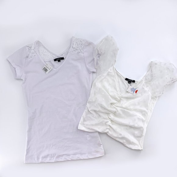 2 Brand New Tops Basic White Lace Shirt & Polka Dot Ruffle Ruched Ivory Top - Picture 2 of 14